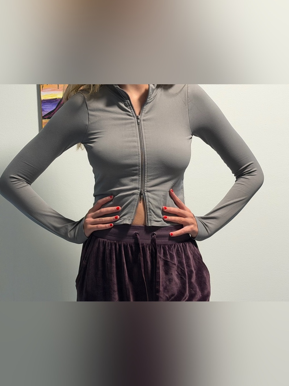 Garage Grey Zip-Front Long Sleeve Top